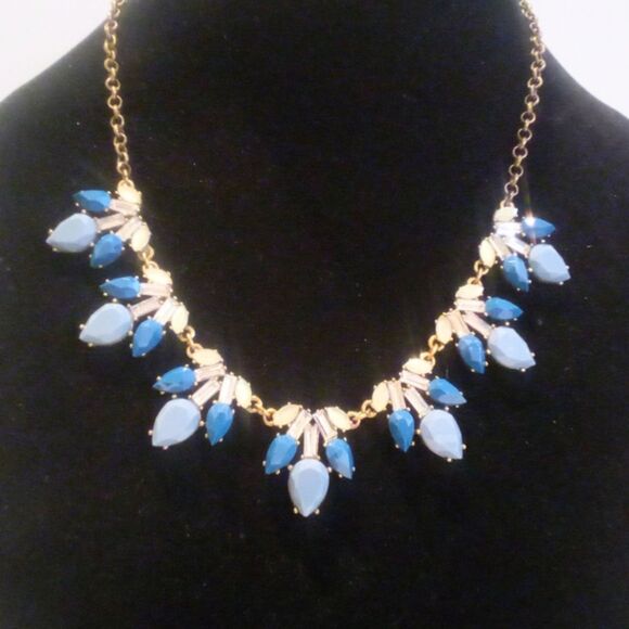 LOFT Brass Tone Blue and Clear Rhinestone Statement Necklace - Picture 1 of 6